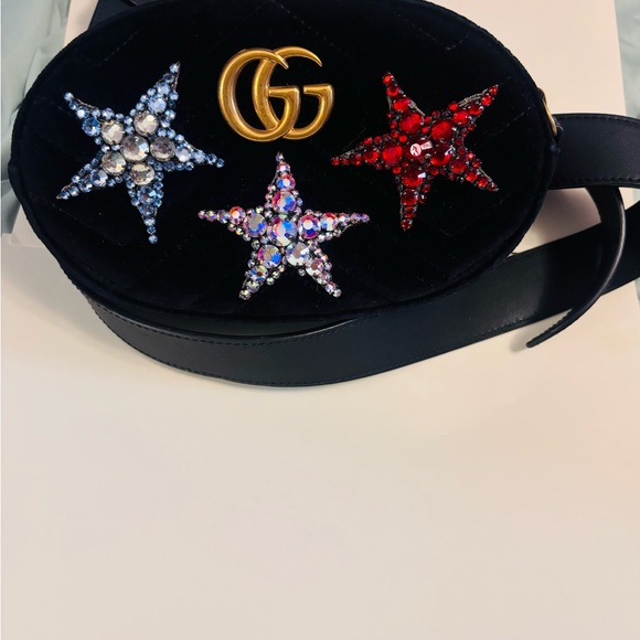Gucci Crystal Star Marmont Black Velvet Belt Bag - Picture 2 of 7
